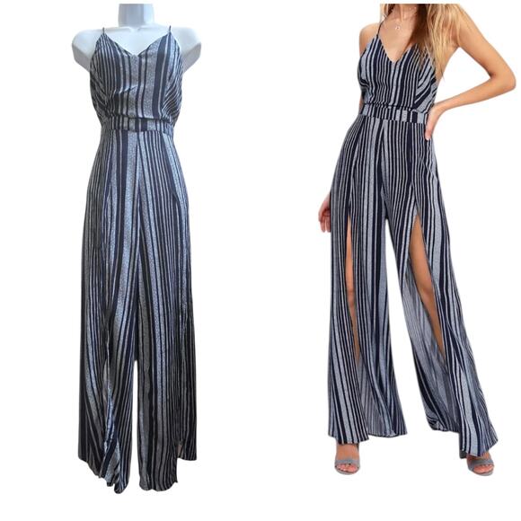 Lulus Suncrest Navy Blue Striped Backless Wide-Leg Jumpsuit Size XS Front Slit - Picture 2 of 15
